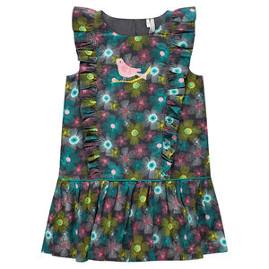 Αμάνικο φόρεμα με φλοράλ μοτίβο και κεντημένο πουλάκι 