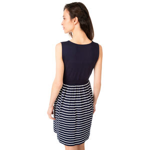 Φόρεμα εγκυμοσύνης με βολάν, μονόχρωμο στο πάνω μέρος και ριγέ στο κάτω 