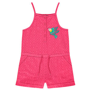 Ολόσωμη φόρμα-σορτς από λεπτό βαμβακερό ύφασμα με αζούρ σχέδιο και κέντημα πουλάκι 