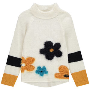 Μακρύ πλεκτό πουλόβερ με όρθιο λαιμό και λουλούδια σε ζακάρ 