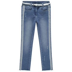 Jean effet used à bandes imprimées et ceinture tressée 