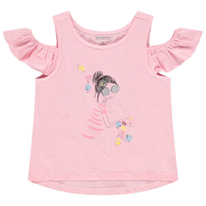 Κοντομάνικο μπλουζάκι με ελεύθερους τους ώμους και τύπωμα 