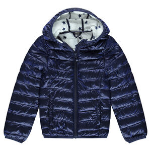 Ελαφρύ καπιτονέ αδιάβροχο μπουφάν με κουκούλα και θήκη με στάμπα 