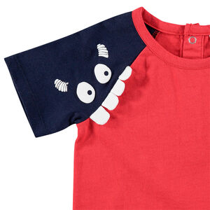 Κοντομάνικη δίχρωμη μπλούζα με τυπωμένο τερατάκι και ανάγλυφα δόντια 