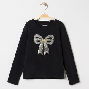 T-shirt manches longues à noeud en sequins argentés 