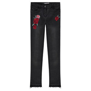 Παιδικά - Τζιν με φθαρμένη και τσαλακωμένη όψη και κεντημένα τριαντάφυλλα 