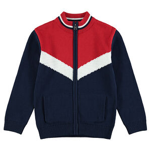 Παιδικά - Πλεκτή ζακέτα με φερμουάρ και φαρδιές ζακάρ λωρίδες σε vintage στυλ 