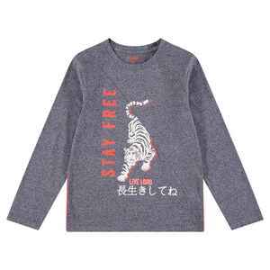 Παιδικά - Μακρυμάνικη μπλούζα από ζέρσεϊ μελανζέ με τίγρη και τυπωμένα κείμενα 