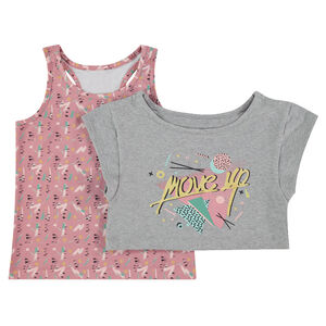 Κοντό τοπ 2 σε 1 με κοντά μανίκια και εμπριμέ αμάνικη μπλούζα  