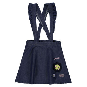 Φόρεμα-σαλοπέτα από σαμπρέ ύφασμα με βολάν στις τιράντες και κεντημένο μοτίβο ©Smiley 