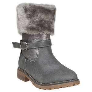 Ασημί μποτάκια με συνθετική γούνα στο πάνω μέρος και διακοσμητική αγκράφα 