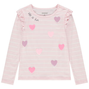 T-shirt manches longues rayé à volants et coeurs pailletés 