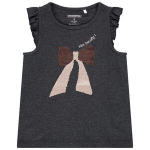 Μπλουζάκι κοντομάνικο με βολάν και σχέδιο με παγιέτες  