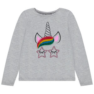 T-shirt manches longues uni à motif coloré en relief 