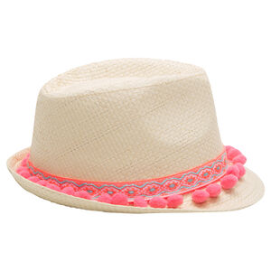 Καπέλο τύπου μπορσαλίνο με όψη ψάθας και σιρίτι με φουντίτσες 