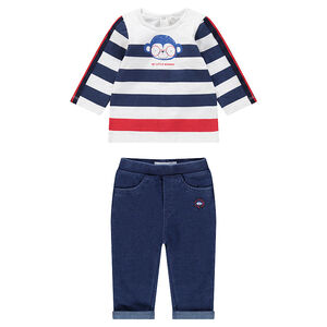 Σύνολο με μπλούζα με στάμπα πίθηκο και φανελένιο παντελόνι 