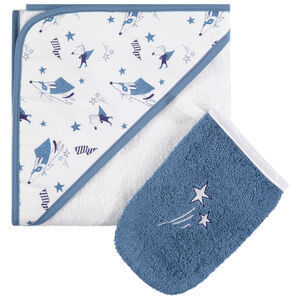 Σετ μπάνιου μπουρνούζι με εμπριμέ κουκούλα και κεντημένο γάντι 