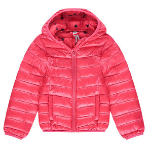 Ελαφρύ καπιτονέ αδιάβροχο μπουφάν με κουκούλα και θήκη με στάμπα 