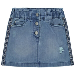 Jupe en jean effet used à bandes appliquées 