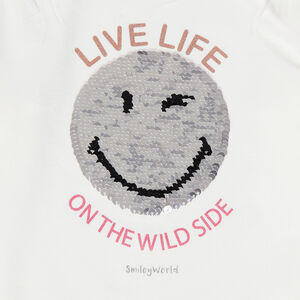 Μακρυμάνικη ζέρσεϊ μπλούζα με βολάν και Smiley από «μαγικές» πούλιες  