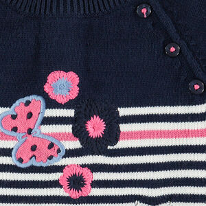 Πλεκτό κοντομάνικο φόρεμα με ζακάρ ρίγες και κεντήματα 