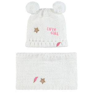 Πλεκτό σενίλ σύνολο σκούφος και κασκόλ με ανάγλυφα αυτάκια 