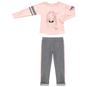 Δίχρωμη φόρμα από φανέλα με στάμπα κοριτσάκι και μεταλλιζέ λεπτομέρειες 