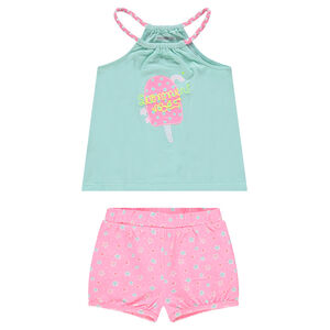 Σύνολο αμάνικη μπλούζα με κεντημένο παγωτό και εμπριμέ σορτς με μοτίβο αστέρια 