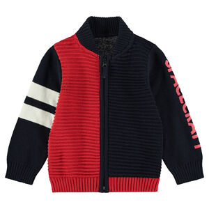 Πλεκτή ζακέτα με ανάγλυφη πλέξη και τυπωμένο κείμενο στο μανίκι  