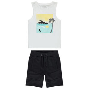 Σετ plage με αμάνικο μπλουζάκι με τύπωμα τροπικό τοπίο  και μονόχρωμη βερμούδα  