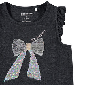 Μπλουζάκι κοντομάνικο με βολάν και σχέδιο με παγιέτες  