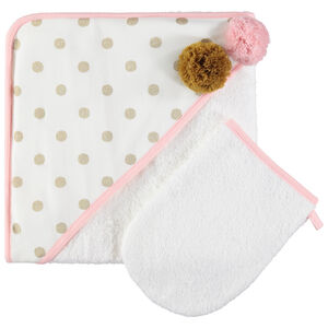 Σετ κάπα-μπουρνούζι με εμπριμέ κουκούλα, φουντίτσες και μονόχρωμο γάντι 