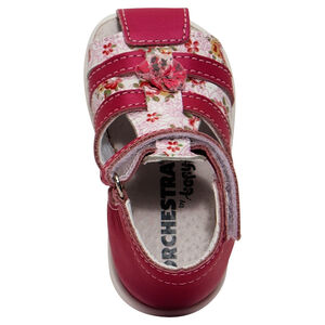 Πέδιλα δερμάτινα ιριδίζοντα σε φούξια χρώμα με λουλούδια 