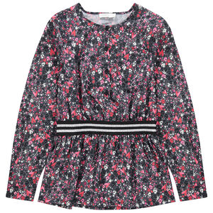 Μακρυμάνικη τουνίκ με λουλούδια και ριγέ λάστιχο στη μέση 