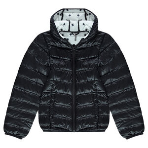 Ελαφρύ* καπιτονέ αδιάβροχο μπουφάν με κουκούλα και θήκη με στάμπα 