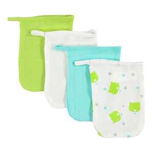 Lot de 4 gants de toilette assortis unis/imprimé 