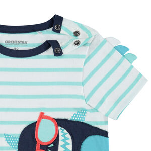 Σετ plage με  μπλουζάκι ριγέ και  τύπωμα καρχαρία  και βερμούδα molleton 