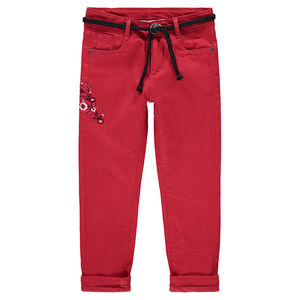 Μονόχρωμο παντελόνι από τουίλ με πλεκτή ζώνη και κεντημένα λουλούδια 