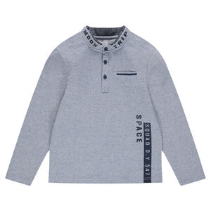 Παιδικά - Μακρυμάνικο ζέρσεϊ πόλο με φαντεζί γιακά και τυπωμένες φράσεις 