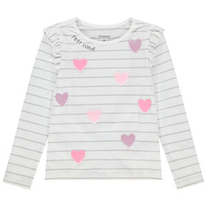 T-shirt manches longues rayé à volants et coeurs pailletés 