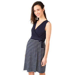 Φόρεμα εγκυμοσύνης με βολάν, μονόχρωμο στο πάνω μέρος και ριγέ στο κάτω 