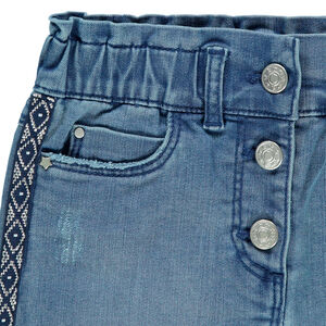 Jupe en jean effet used à bandes appliquées 