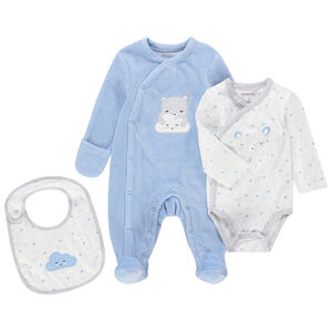 Σύνολο για νεογέννητα σε μπλε και λευκό με βελουτέ φορμάκι ύπνου, μακρυμάνικο κορμάκι και σαλιάρα  