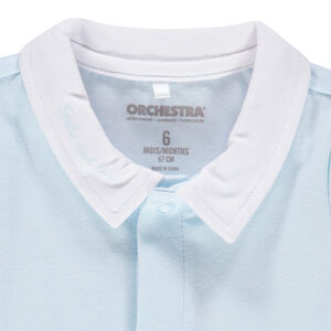 Body manches longues bleu en coton bio à col blanc 