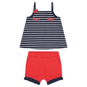 Σύνολο ριγέ αμάνικη μπλούζα και κόκκινο σορτς με βολάν 