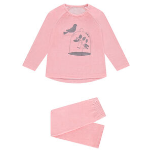 Βελουτέ πιτζάμα με τυπωμένο πουλάκι 