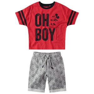 Σύνολο με μονόχρωμη μπλούζα Disney με στάμπα Mickey και μήνυμα και βερμούδα εμπριμέ 