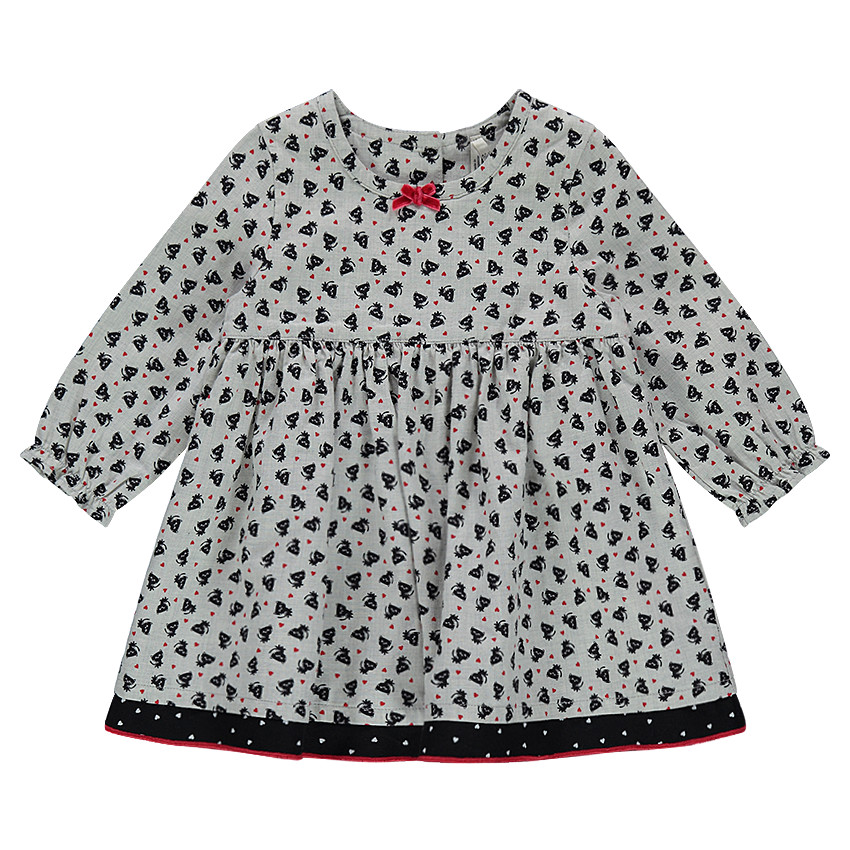 Μακρυμάνικο εμπριμέ φόρεμα με μοτίβο γάτες και βελούδινο φιογκάκι 