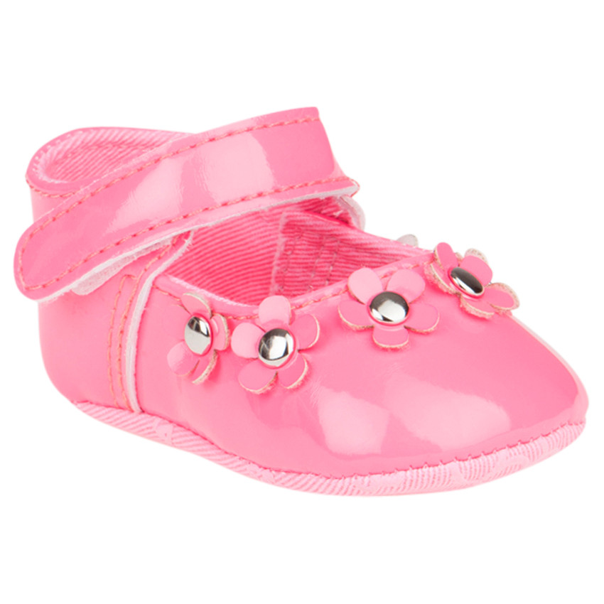 Babies vernies coloris rose fluo avec fleurs et rivets  