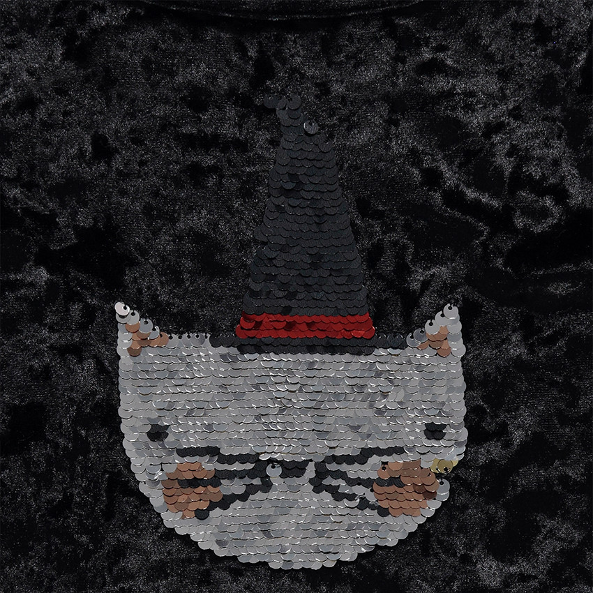 Φόρεμα από δύο υλικά Halloween με στάμπα γάτα και «μαγικές» πούλιες 